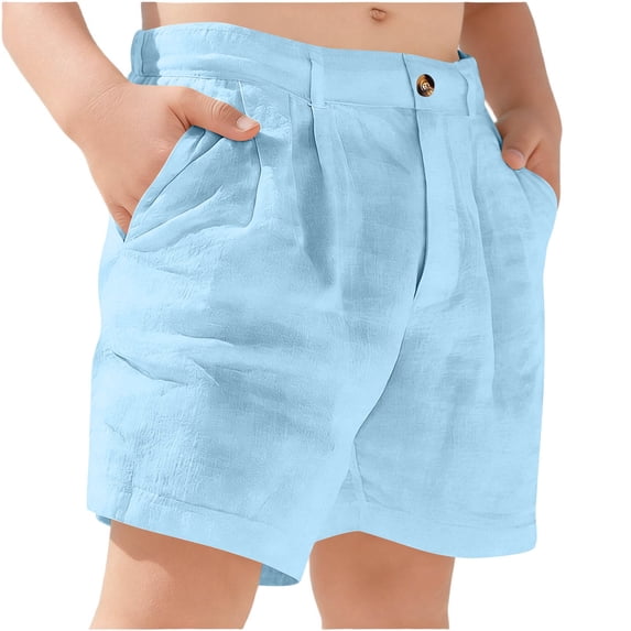 Hurxie Boys Linen Shorts with Elastic Waist Breathable Summer Beach Shorts for Kids Blue,9-10 Years