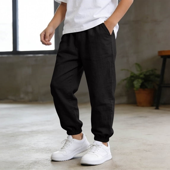 Hurxie Boys School Uniform Chino Pants Kids Elastic Waist Pull on Twill Pants with Pockets 5-14 Years Black,11-12 Years