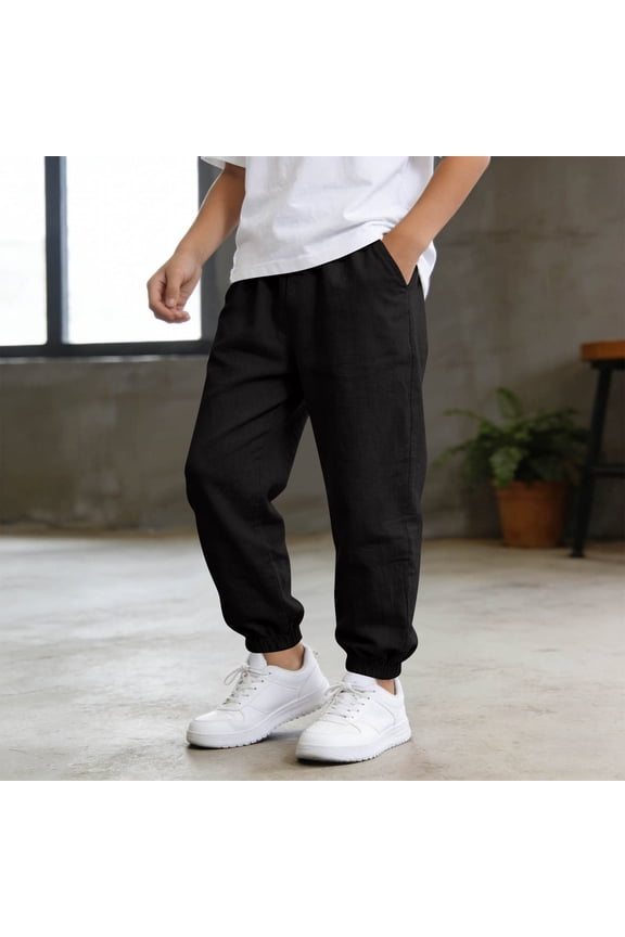 Boys School Uniform Chino Pants Kids Elastic Waist Pull on Twill Pants with Pockets 5-14 Years Black,14-15 Years