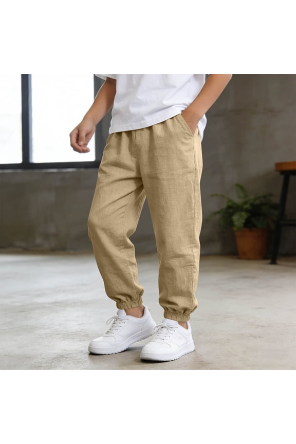 Boys School Uniform Chino Pants Kids Elastic Waist Pull on Twill Pants with Pockets 5-14 Years Khaki,7-8 Years