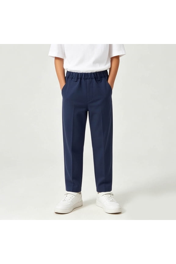 Boys School Uniform Pants Elastic Waist Stretch Youth Trousers with Pockets Straight Fit for Kids Navy,9-10 Years