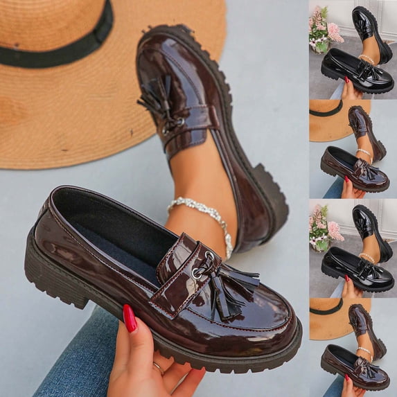 Hurxie British Style Women's Fashion Loafers, Patent Leather Tassel Loafers, Black Thick-Soled Loafers, Slip-on Thick-Soled Loafers Brown 42