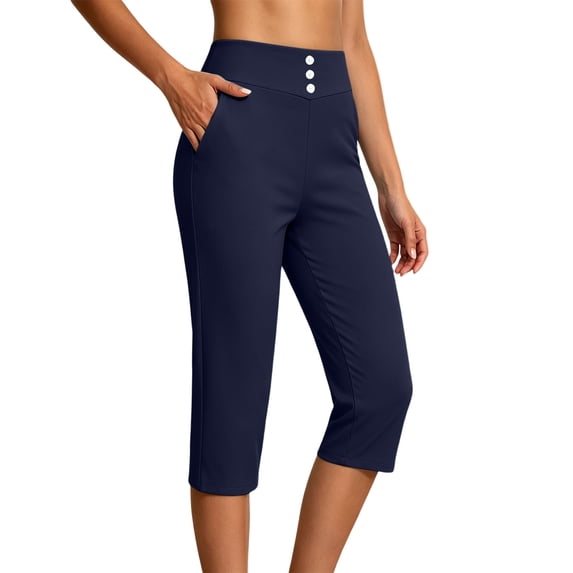 Hurxie Capri Pants for Women Casual Summer Dressy Pull On Stretch High Waisted Crop Leggings with Pockets Navy,2XL