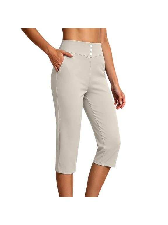 Capri Pants for Women Casual Summer Dressy Pull On Stretch High Waisted Crop Leggings with Pockets White,L