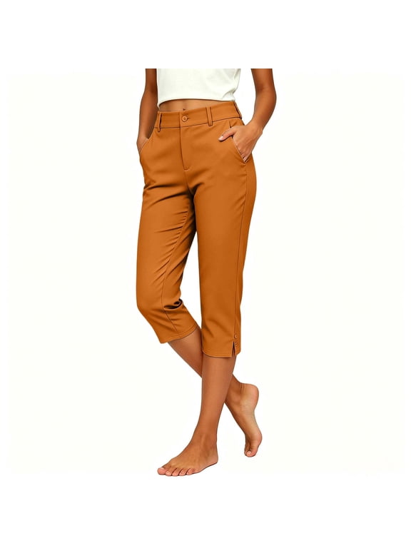 Capri Pants for Women High Waisted Fit Elastic Knit Waist Casual Capris Cotton Trousers Cropped Pants Orange,L