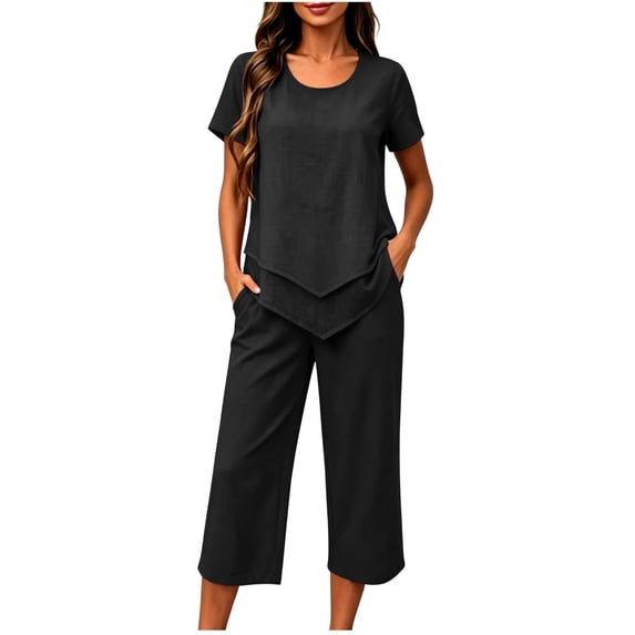 Hurxie Capri Sets Women 2 Piece Outfits Summer Top and Wide Leg Striped Pants with Pockets for Vacation Travel Clothes Black,2XL