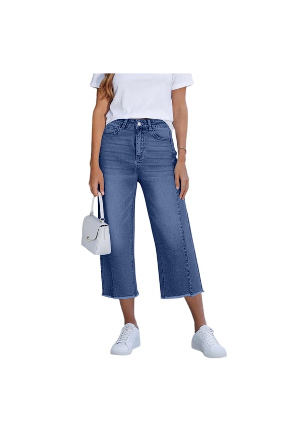 Capris Jeans for Women High Waisted Trendy Pull On Elastic Waist Split Hem Skinny Stretchy Denim Capri Pants Blue,XL