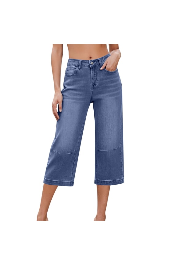 Capris Jeans for Women Trendy Wide Leg Capri Pants High Waisted Pull On Elastic Waist Summer Stretch Denim Jeans Blue,S