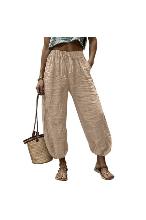 Capris Pants for Women Cotton Linen Casual Summer Straight Wide Leg Loose Drawstring Elastic Waist Cropped Trouser Khaki L