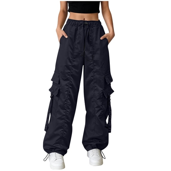 Hurxie Cargo Pants Women Baggy Parachute Pants Woman Mutil Pockets Loose Fit Y2K Casual Pants for Women Dark Blue,L