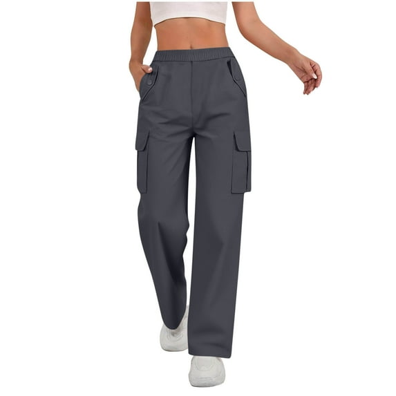 Hurxie Cargo Pants Women High Waist Wide Leg Casual Pants with Pockets Stretchy Drawstring Baggy Y2K Trousers Dark Gray XL