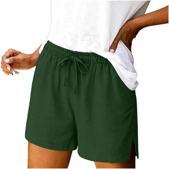 Hurxie Casual Linen Shorts for Women, Drawstring Elastic Waist Split Side Summer Line Comfy Lounge Short with Pocket Army Green,M