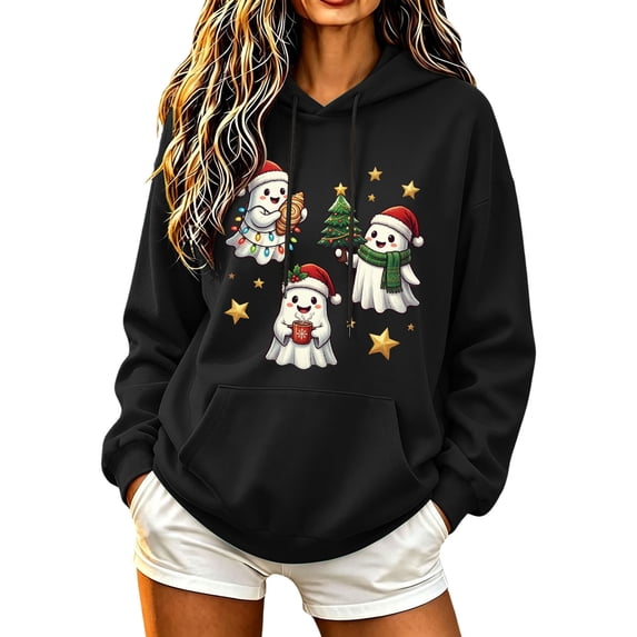 Hurxie Christmas Hoodie Women Long Sleeve Sweatshirt Ghost Graphic Hoodie Pumpkin Sweatshirt Cute Spooky Tops Fall Holiday Outfit, Christmas Party Wear