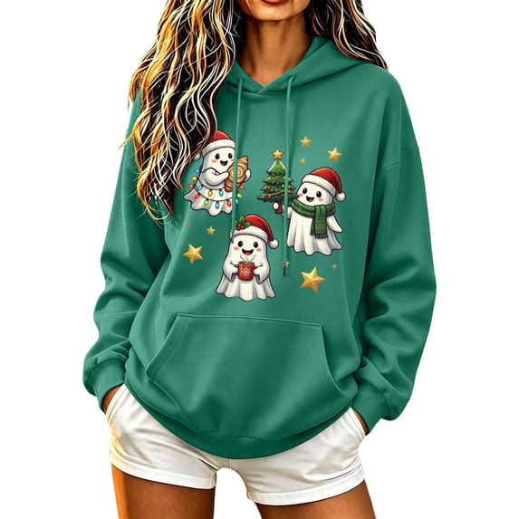 Hurxie Christmas Hoodie Women Long Sleeve Sweatshirt Ghost Graphic Hoodie Pumpkin Sweatshirt Cute Spooky Tops Fall Holiday Outfit, Christmas Party Wear