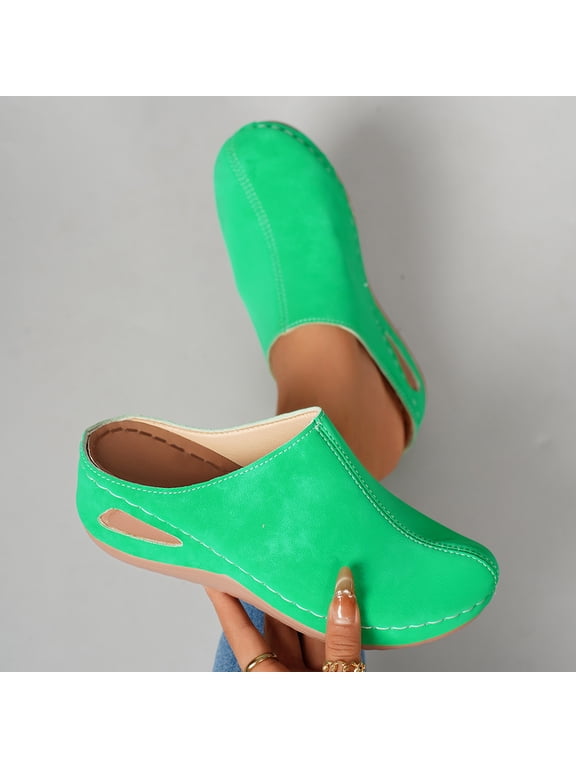 Clogs for Women's Leather Mules Comfortable Non Slip Wedge Slip-On Closed Toe Sandals Summer Casual Walking Platform Slides Green 37