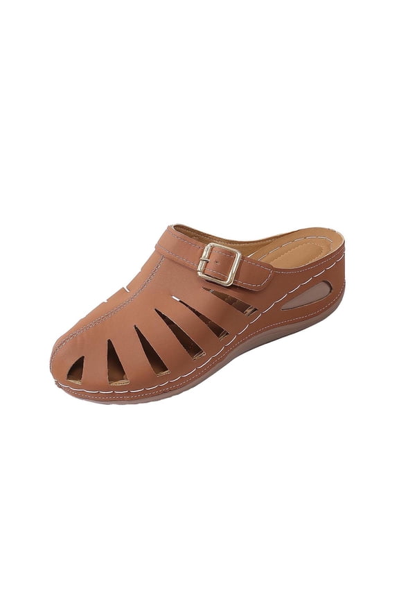 Closed Toe Clogs for Women Leather Slip On Mules Summer Orthopedic Wide Width Slippers Adjustable Buckle Platform Wedge Sandals Dressy Comfortable Brown 5.5