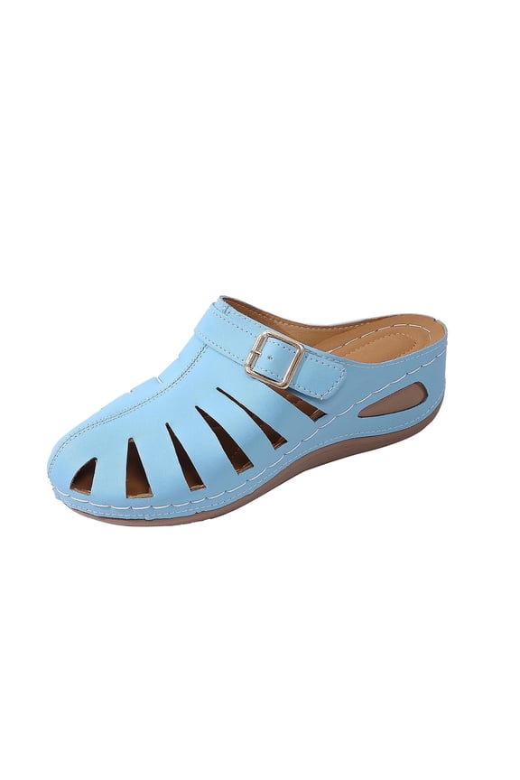Closed Toe Clogs for Women Leather Slip On Mules Summer Orthopedic Wide Width Slippers Adjustable Buckle Platform Wedge Sandals Dressy Comfortable Sky Blue 5.5