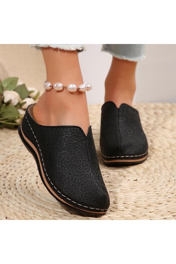 Closed Toe Wedge Clogs for Women Comfortable Arch Support Slip-On Backless Embroidered Mules Non-Slip Casual Walking Sandals Black 39