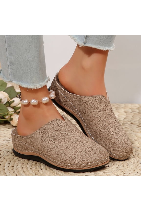 Closed Toe Wedge Clogs for Women Comfortable Arch Support Slip-On Backless Embroidered Mules Non-Slip Casual Walking Sandals Khaki 36