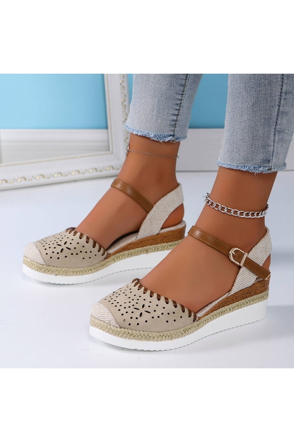Closed Toe Wedge Sandals for Women, Platform Espadrilles Heels With Adjustable Buckle Beige 5.5