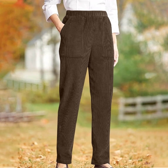 Hurxie Corduroy Pants for Women Elastic High Waist Pull On Straight Leg Slacks Casual Trousers with Pocket Coffee,3XL