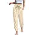 thumbnail image 1 of Hurxie Cotton Linen Capri Pants for Women High Elastic Waisted Drawstring Cropped Pants with Pockets Beige,2XL, 1 of 4