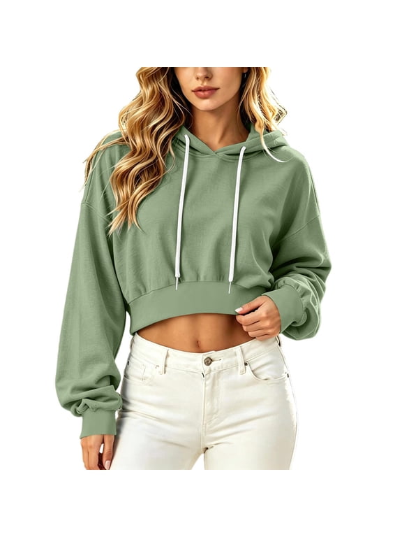 Cropped Hoodie Women Long Sleeve Crop Top Casual Drawstring Hooded Sweatshirt Green,XL