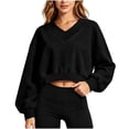 thumbnail image 1 of Hurxie Cropped Sweatshirt for Women, V Neck Acid Wash Crop Pullover, Soft Fleece Long Sleeve Sweatshirt for Women Black,XL, 1 of 6