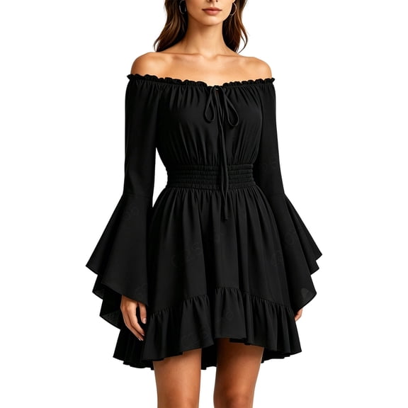 Hurxie Darkness Women Corset Dress Off Shoulder Bell Sleeve Mini Dress | Pockets, Layered Hem, Comfotable Chiffon, for Fairy Goth Ren Fair Vacation