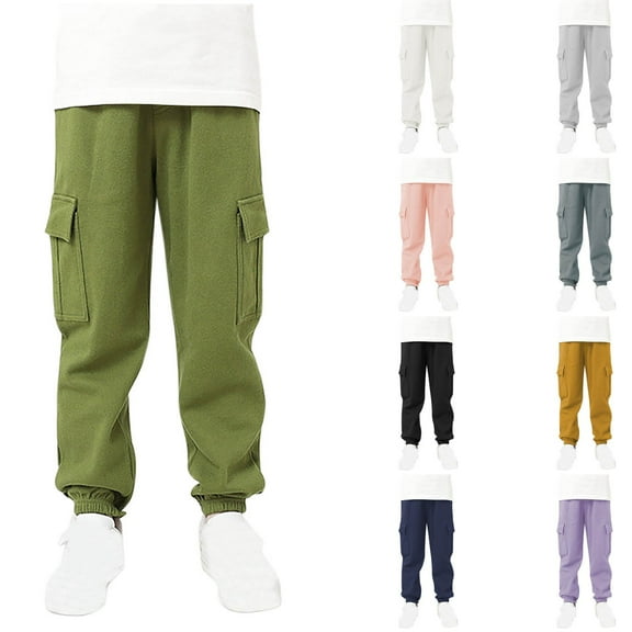 Hurxie 2025 Boy's Cargo Pants Pocket Drawstring Waist Casual Jogger Pants Athletic Hiking Trousers Army Green 12-14
