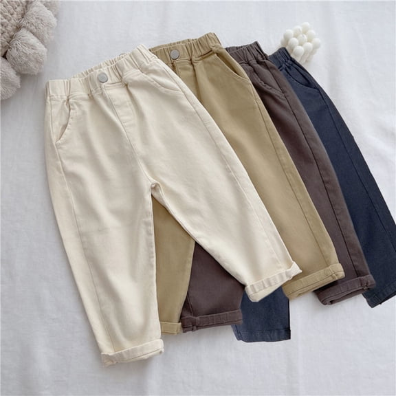 Hurxie 2025 Girls Boys Cargo Pants Elastic Waisted Cotton Work Pants Loose Fit Pocket Casual Long Pants for Kids White 3-4T