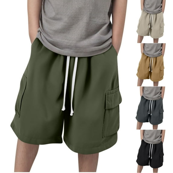 Hurxie Boys Cargo Shorts Drawstring Waistband Baggy Short Bottoms Athletic Solid Color Cropped Shorts M Brown