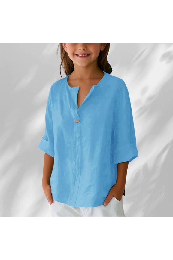 Hurxie Girl's Button Down Shirt Cowgirl Long Sleeve Blouse Tops Sky Blue,11 Years