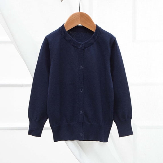 Hurxie Deals Girls Cardigan Crewneck Long Sleeve Children Button Cotton Sweater Uniform Sweaters for Little Girls Navy,7-8 Years