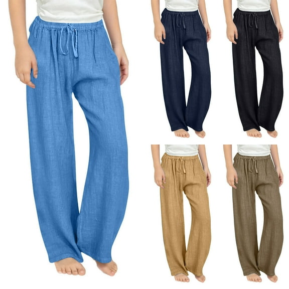 Hurxie Girls Linen Cotton Pants Under $8 2025 Summer Fashion Solid Casual High Waist Loose Fit Trousers with Pockets Beige,13 Year