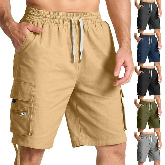 Hurxie Deals Men's Casual Cargo Shorts with Elastic Waist and 6 Pockets Dark Blue Work Bermuda Shorts for Men S-2XL