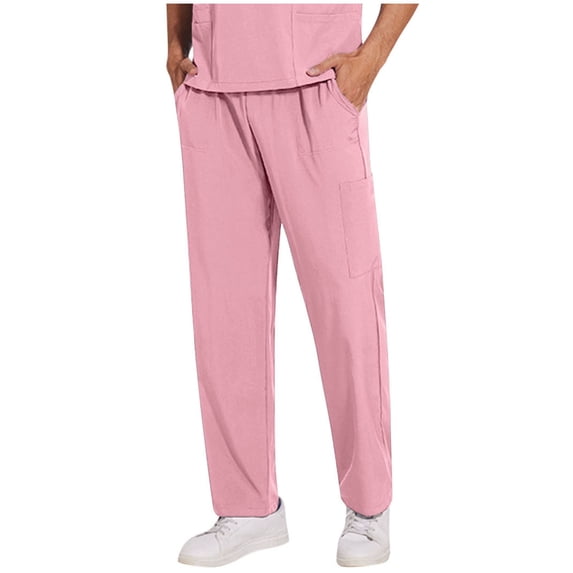 Hurxie Men's Scrub Pants Nursing Uniform Fashion Solid Color Worker Pants Pink,M