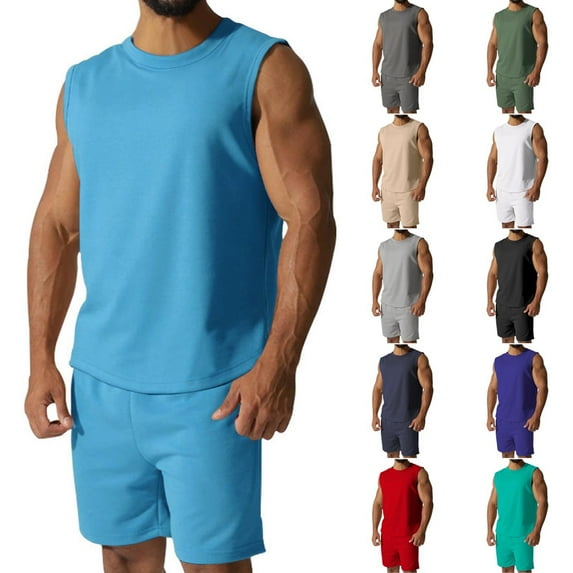Hurxie Deals Mens Summer 2 Piece Outfits Sleeveless Muscle Tank Tops Athletic Casual Beach Shirts and Shorts Set Red,M