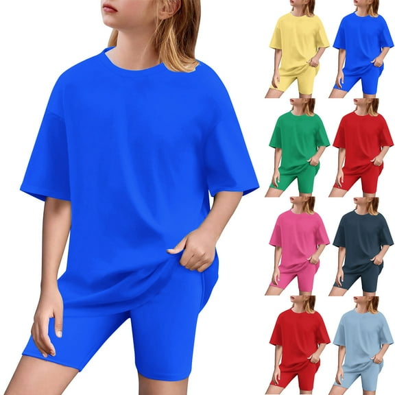 Hurxie Summer Outfits Boys Girls Short Sleeve T Shirt with Yoga Shorts Cute Solid Color 2 Piece Sets 8 Y Light Blue