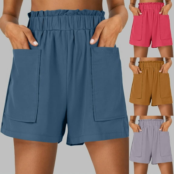 Hurxie Deals Women's Linen Shorts with Pocket Ruffles High Waisted Beach Short Pants Summer Solid Color Casual Shorts Watermelon Red,L