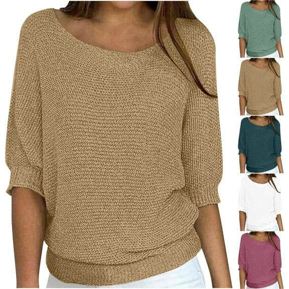 Hurxie Womens Sweater 3/4 Sleeve Tops Round Neck Tunic Blouses Dressy Pullover T Shirts for Business Casual Work Brown,M