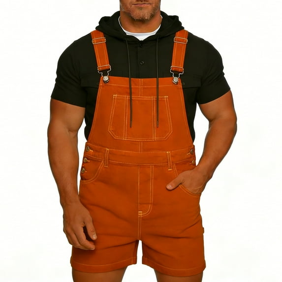 Hurxie Denim Overalls for Men Jean Shorts Jumpsuit Work Bibs Coveralls with Zipper Orange,M