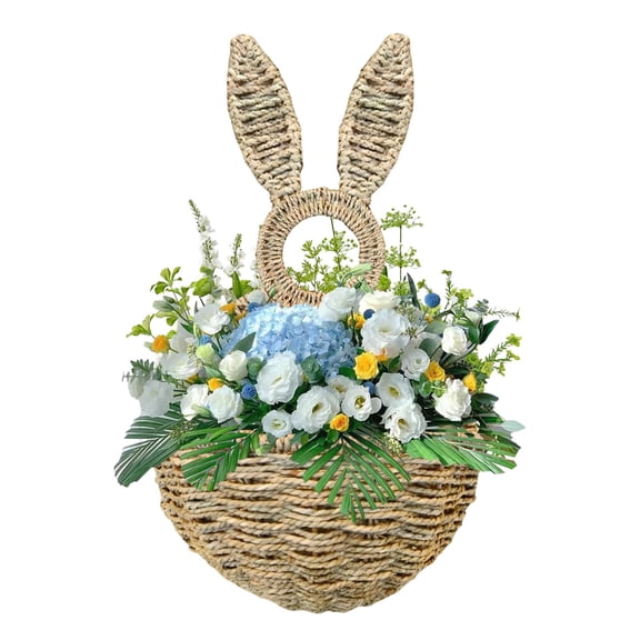 Hurxie Easter Bunny Wicker Basket Door Decoration Rabbit Woven Basket Hanging Wreath for Front Door with Easter Tulips Egg Floral Decorations for Wall Indoor Outdoor Spring Home Decor