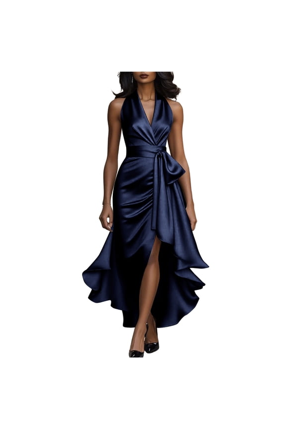 Elegant Evening Dresses for Women Halter V-Neck Aline Formal Gown High Waist Satin Slim Belt Bodycon Dress Navy,S
