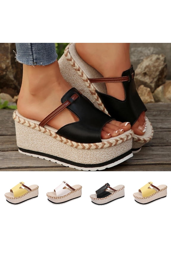 Espadrilles Wedges for Women Open Toe Ankle Strap Platform Dressy Casual Sandals Travel Slides Black 36