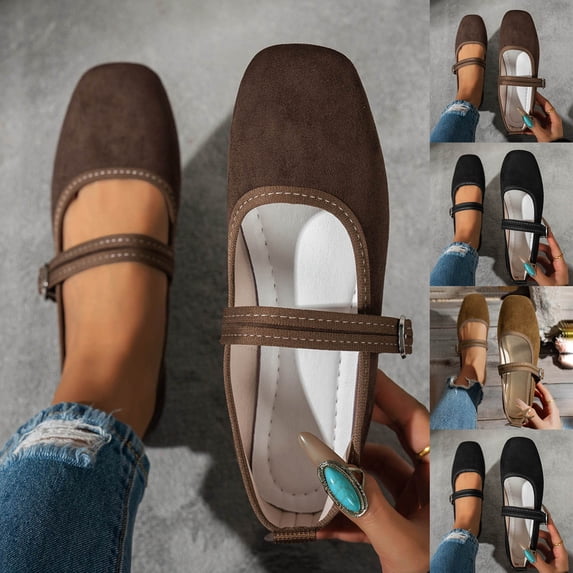 Hurxie Flats for Women Comfortable Square Toe Slip On Flats Soft Work Flats Retro Mary Jane Flats Brown 39
