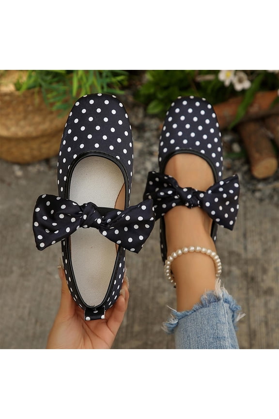 Flats for Women Polka Dot with Bow Split Toe Ballet Shoes Ballerina Slip On Cute Pattern Comfortable Casual Black 6