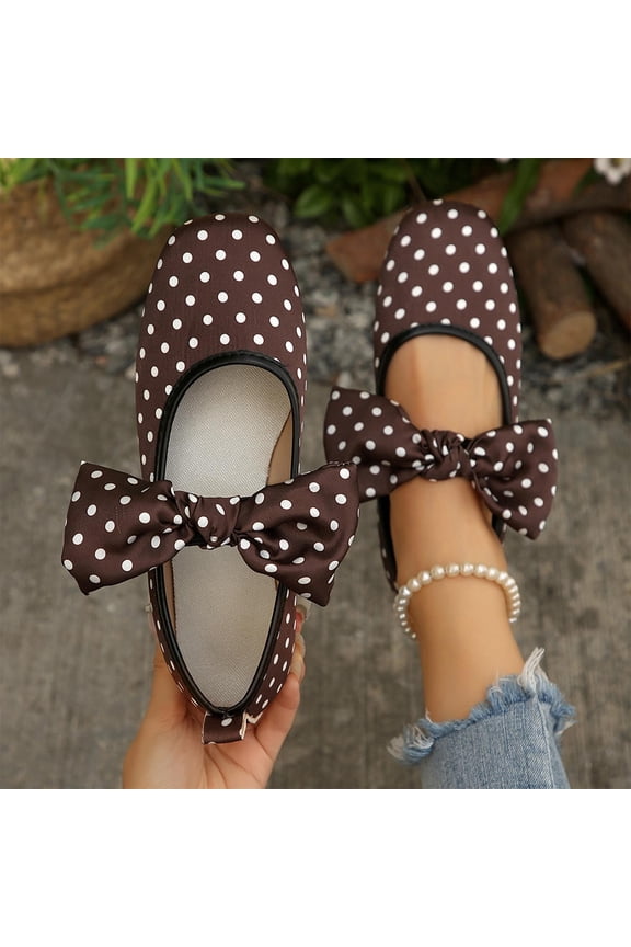 Flats for Women Polka Dot with Bow Split Toe Ballet Shoes Ballerina Slip On Cute Pattern Comfortable Casual Coffee 10
