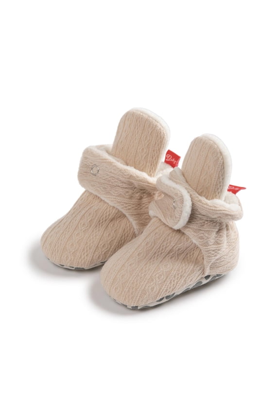 Fleece Baby Booties, Warm Cozy Baby Slippers, Stay On Sock Shoes, Easy to Put on, Unisex Baby Gifts, Soft Non-Slip Adjustable Newborn Boots for Boys and Girls Beige 0 Months