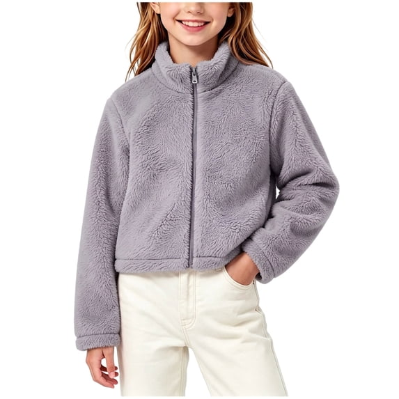 Hurxie Fleece Jacket for Girls, Soft & Cozy Full-Zip Flannel Coat, Winter Warm Stand-Collar Outerwear 5-6 Years